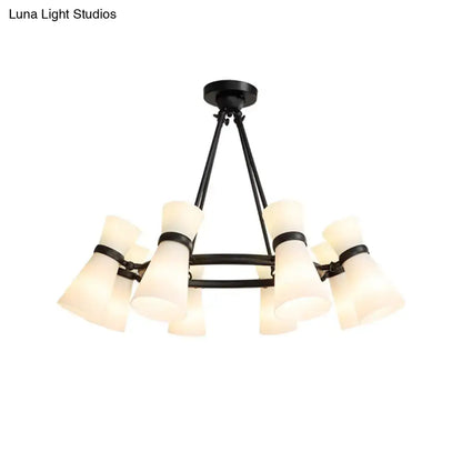 DecorBites™ modern black metal wide flare pendant chandelier with opal glass shades and 16 bulbs in black gold finish