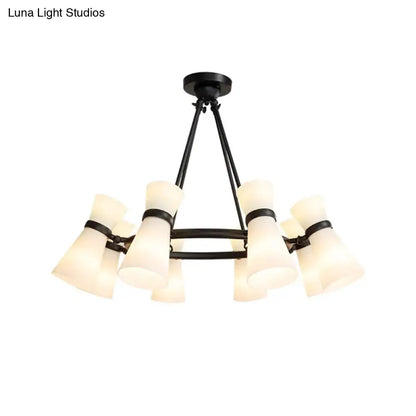 Black metal chandelier with eight frosted glass shades in wide flare pendant design for flare pendant lighting
