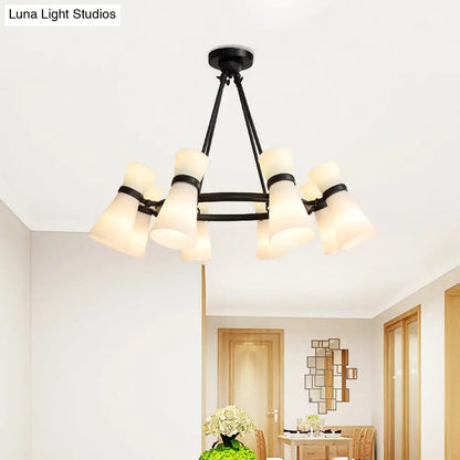 Black metal wide flare pendant chandelier with eight frosted glass shades for modern flare pendant lighting