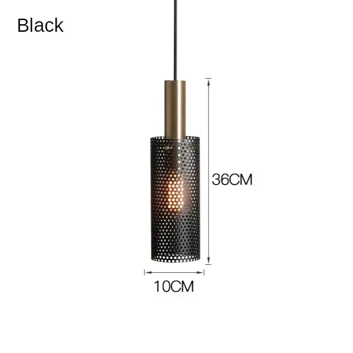 DecorBites™ modern pendant light with black perforated metal shade and brass-finished cylindrical top