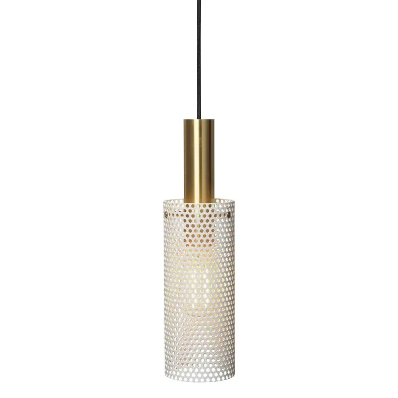 Decorbites™ modern pendant light with cylindrical white perforated glass shade and brass-finished metal top suspended by black cord