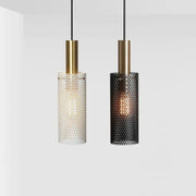 DecorBites™ modern pendant light featuring two pendant lights with white perforated and black shades with brass tops