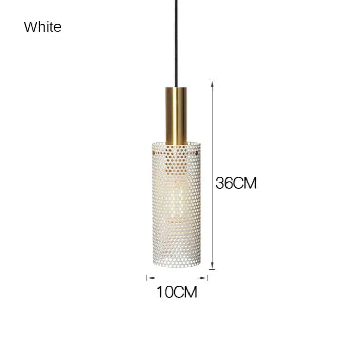 DecorBites™ modern pendant light with white cylindrical body, gold-toned top, and perforated mesh design