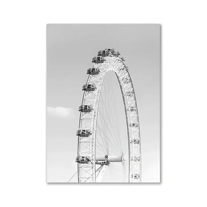 Black-and-white photograph of the london eye showcasing circular structure in DecorBites™ modern pink aesthetic wall art decor
