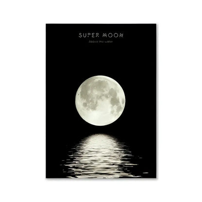 DecorBites™ modern pink aesthetic wall art features a black-framed super moon above rippling water for room decor