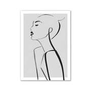 A minimalist black line drawing of a woman’s profile on light gray background framed in white for pink aesthetic wall art decor