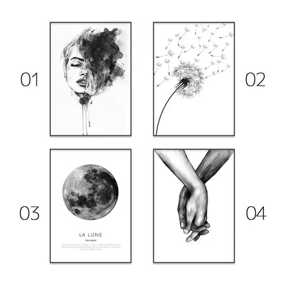 Set of four minimalist black and white framed wall art prints for modern pink aesthetic decor by DecorBites™