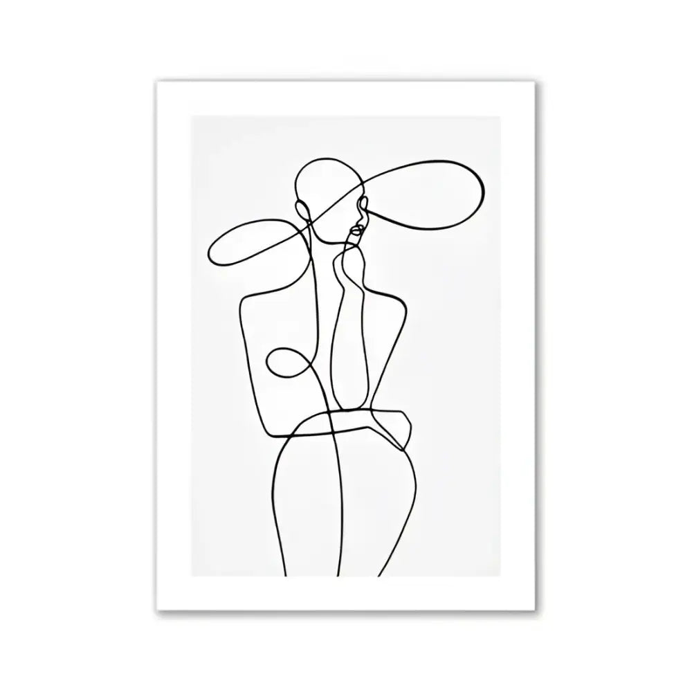 Black line art print of a stylized figure with oversized hat framed in white minimalist pink wall art print decorbites pink aesthetic
