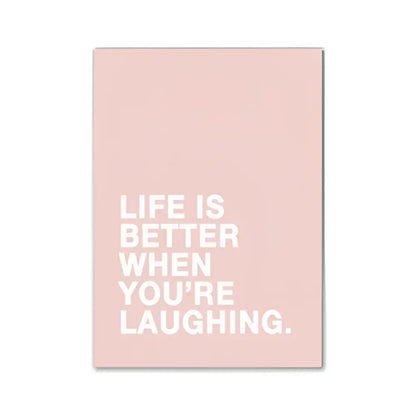 Pink rectangular wall art with white text life is better when youre laughing modern pink aesthetic decorbites print