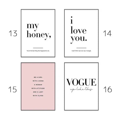 Set of four minimalist framed wall art prints with black text on white and blush pink backgrounds for modern pink aesthetic decor