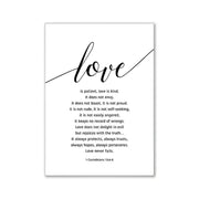Decorbites™ modern pink aesthetic wall art set featuring black calligraphy love print on white background with 1 corinthians passage