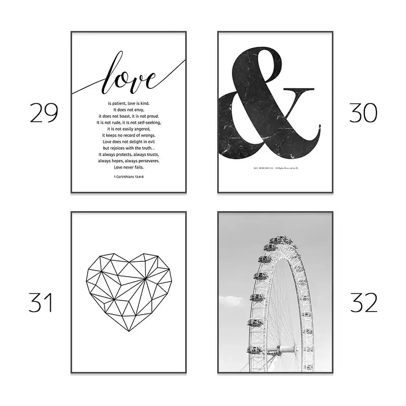Set of four minimalist black and white framed wall art prints for a modern pink aesthetic by DecorBites