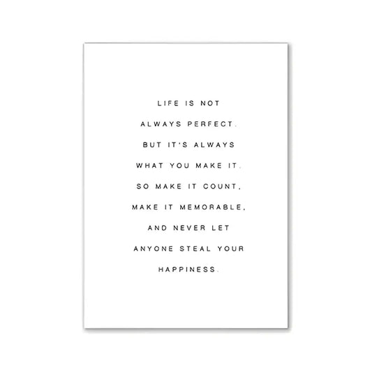 White rectangular art print with black minimalist typography featuring an inspirational quote for modern room decor wall art canvas