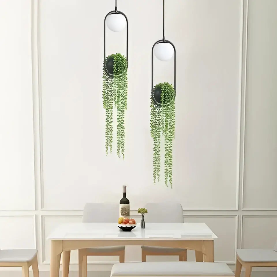 Decorbites™ modern planter pendant lighting featuring black metal pendant light with glass shades and hanging plants