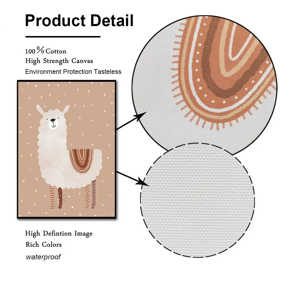 Beige cotton canvas wall art featuring a white alpaca with brown and orange patterns for programmer gamer decor