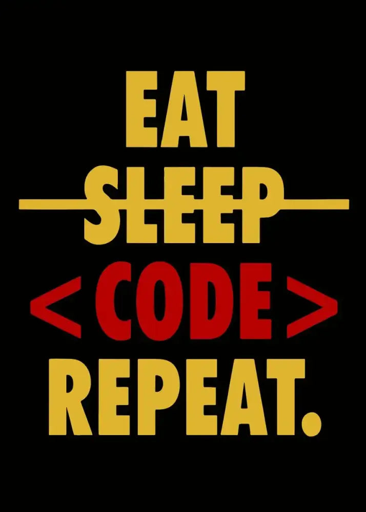 Black notebook cover with bold yellow and red eat sleep repeat text in decorbites modern programmer gamer wall art