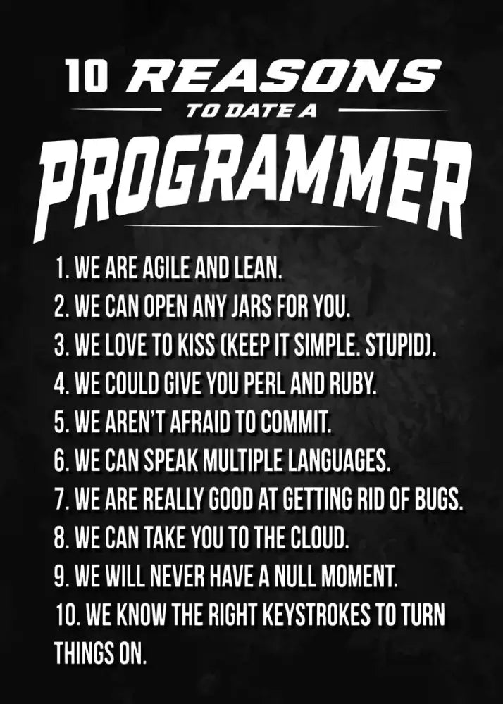 Decorbites™ modern programmer gamer canvas wall art with a black background and bold white text listing 10 reasons to date a programmer gamer
