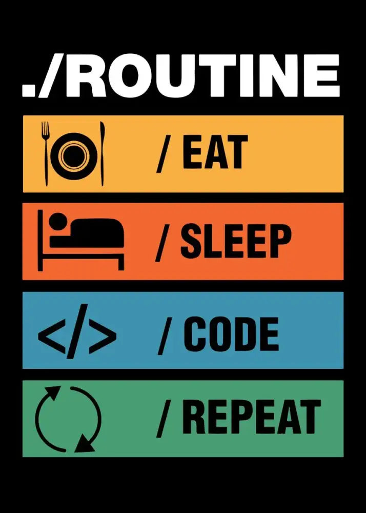 Black and white abstract programmer gamer wall art featuring routine text and colored icons on canvas by decorbites