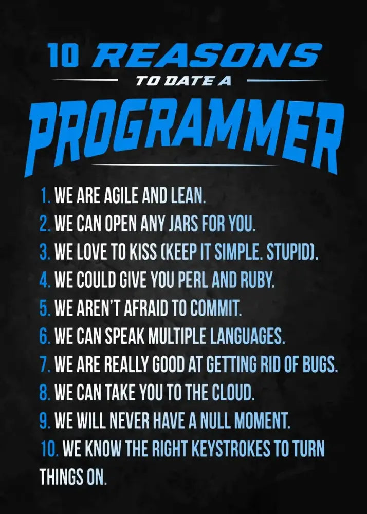 Decorbites™ modern programmer gamer canvas wall art featuring blue text on dark background listing 10 reasons to date a programmer gamer