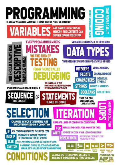 DecorBites™ modern programmer gamer canvas wall art featuring colorful infographic style programming concepts
