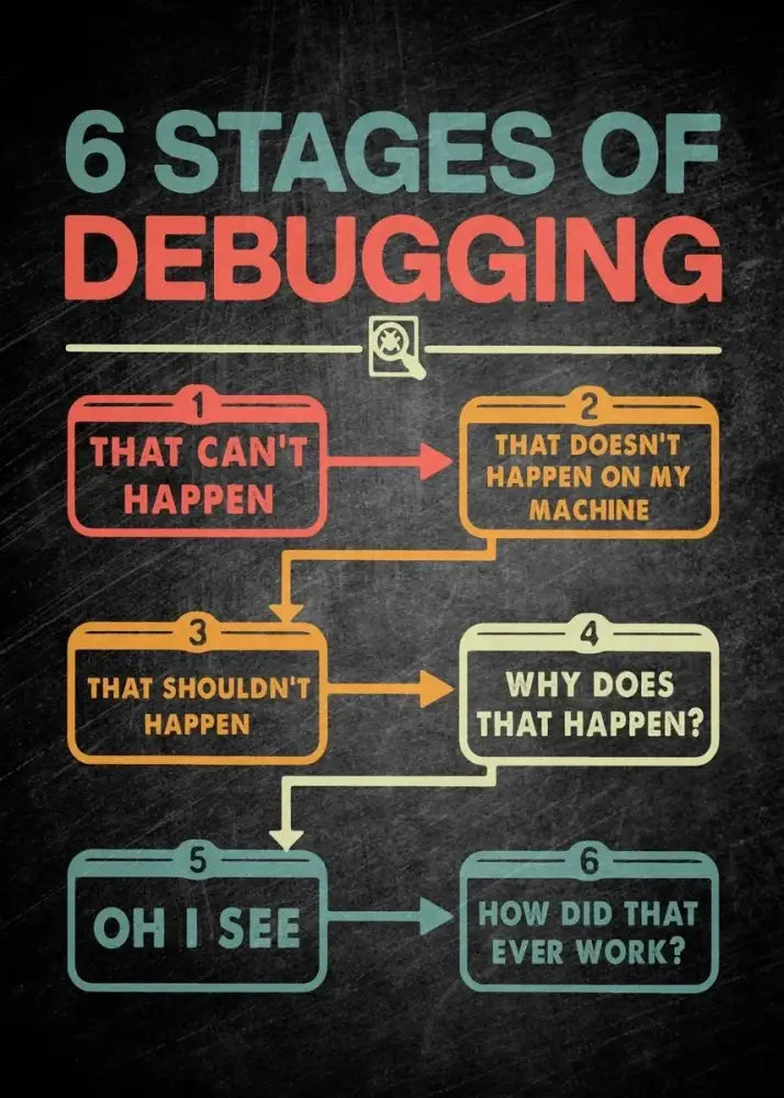 Decorbites modern programmer gamer canvas wall art with colorful infographic of six stages of debugging on dark background