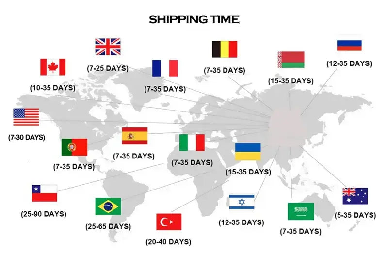 World map showing shipping times to various countries with flags on decorbites™ modern programmer gamer canvas wall art