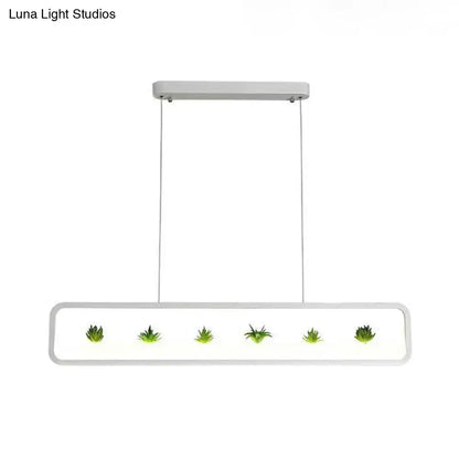 Modern rectangular black white acrylic ceiling light with five green succulents for dining room ceiling use