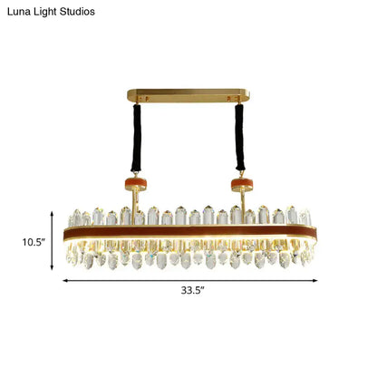 Decorbites™ modern ceiling light with gold-toned oval frame, clear crystal droplets, brown wood band, 220v-240v crystal block design