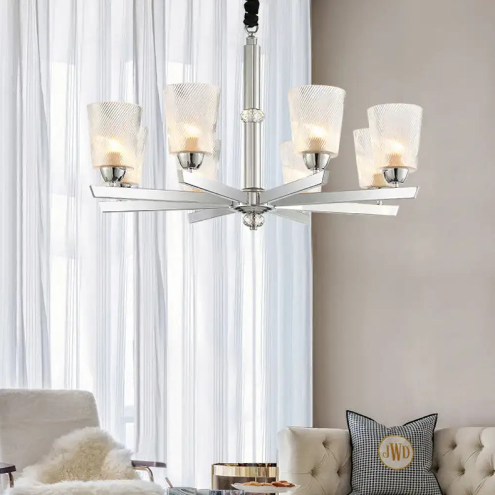 Modern chrome finished 6 light chandelier pendant with ribbed glass shades for living room 220v-240v 110v-120v led incandescent fluorescent