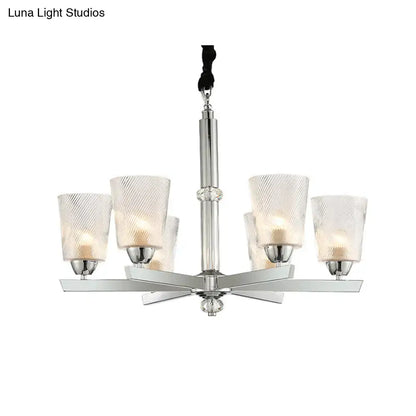 Modern chrome finish DecorBites™ chandelier with five ribbed glass shades compatible with 220v-240v LED incandescent fluorescent bulbs