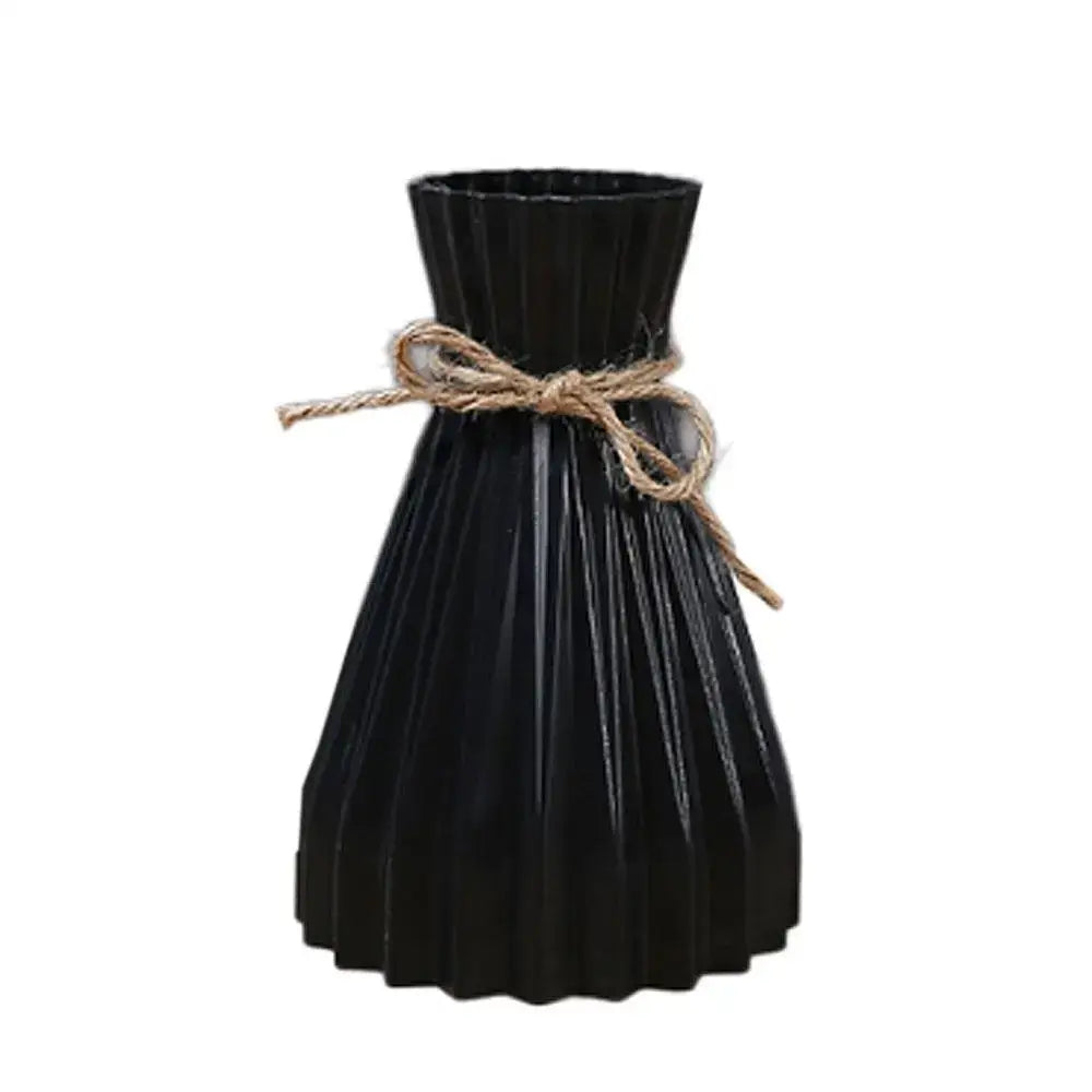 Black pleated ceramic flower vase with rustic twine bow for dry flowers modern simple DecorBites™ design