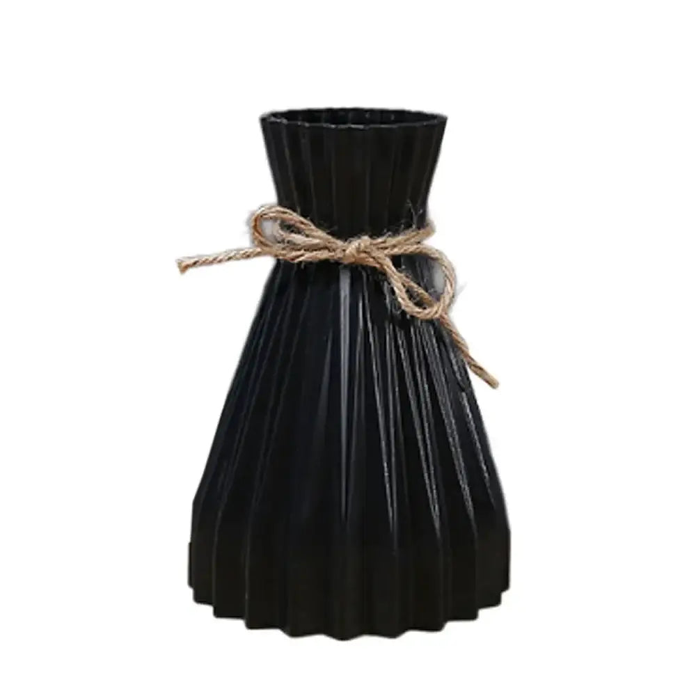Black pleated ceramic flower vase with rustic twine bow for modern simple dry flowers by DecorBites™
