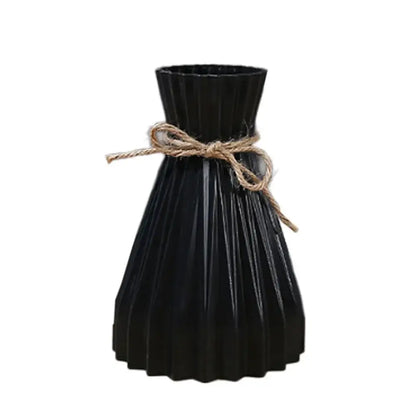 Black pleated ceramic flower vase with rustic twine bow for modern simple dry flowers by DecorBites™