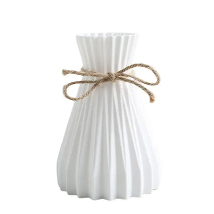 DecorBites™ modern simple white ceramic flower vase with vertical ridges and twine bow for dry flowers