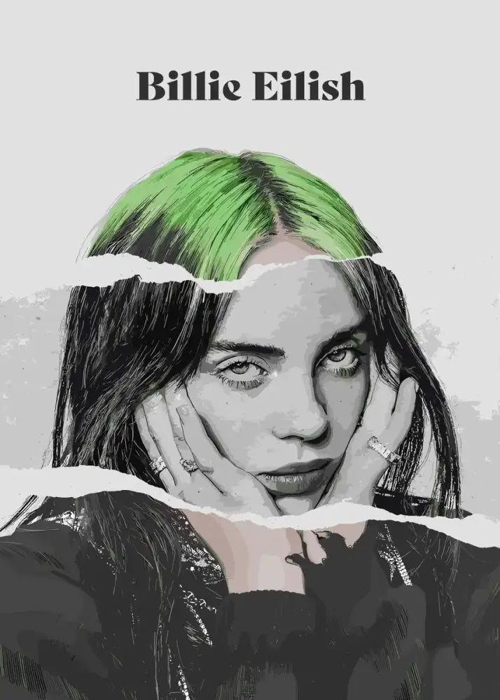 Portrait print canvas wall art of singer b-billies featuring vibrant green hair and black-and-white artistic design