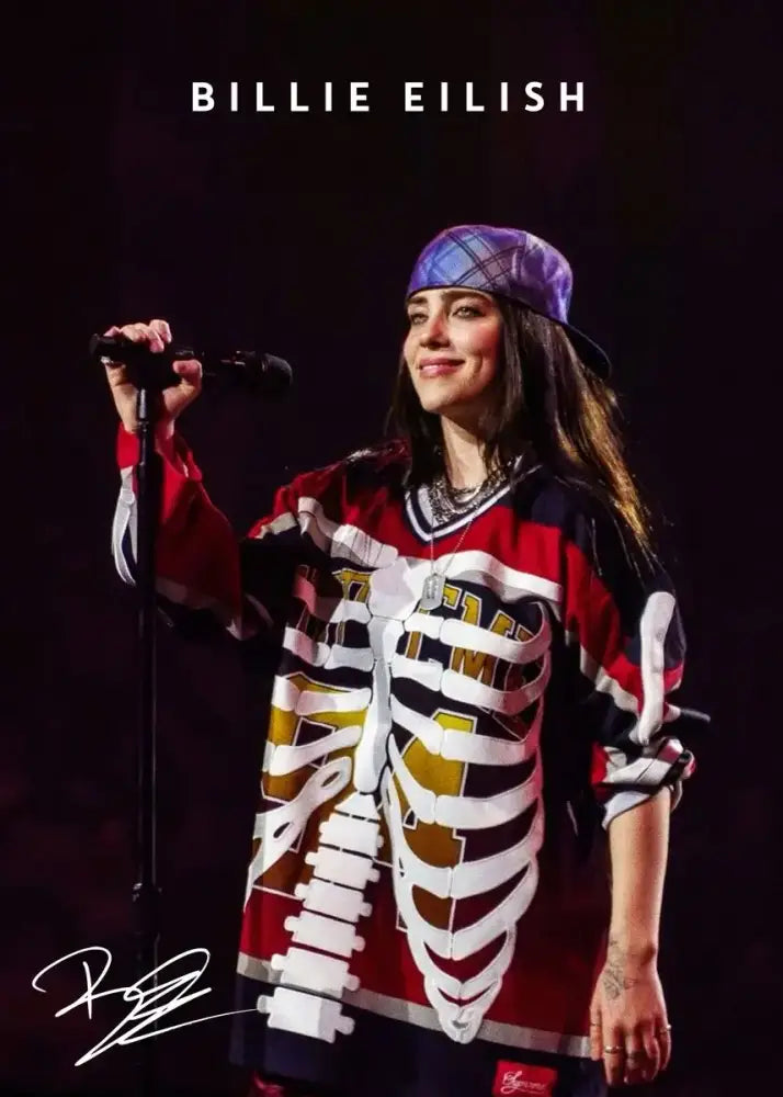 Decorbites™ modern singer b-billies print canvas wall art featuring billie eilish in a red black and white skeleton jersey