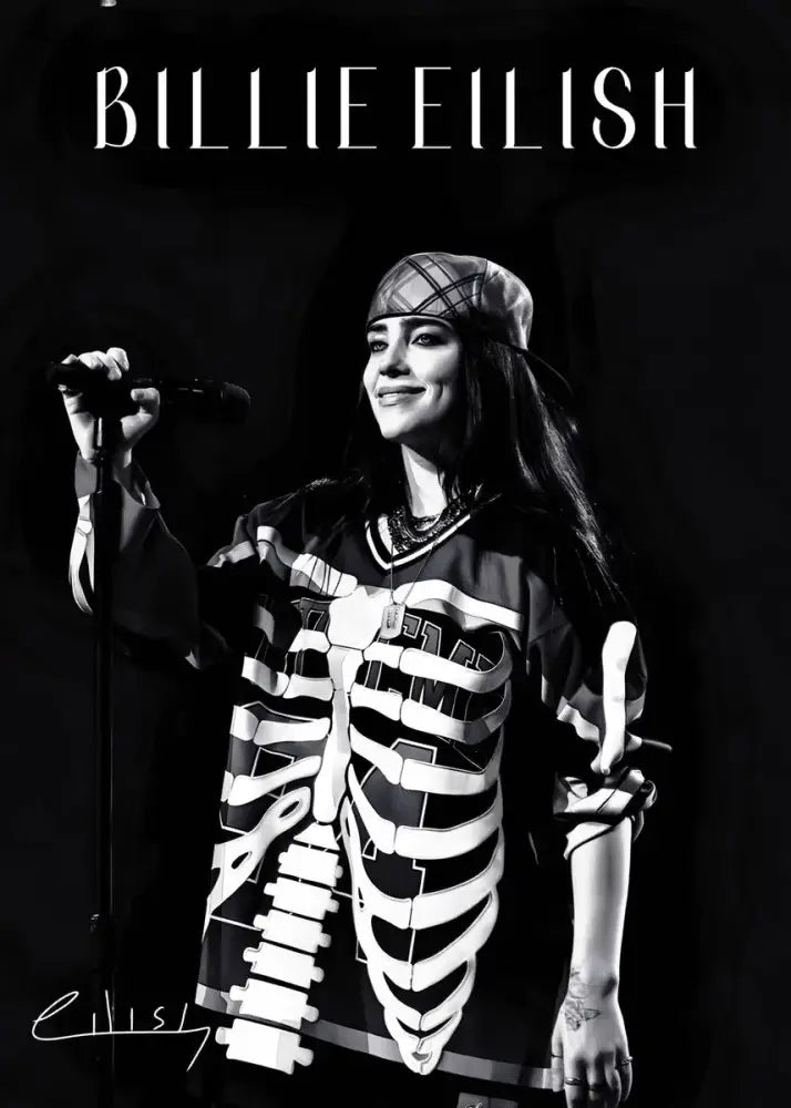Decorbites™ modern singer b-billies print canvas wall art featuring black and white skeleton-printed v-neck hoodie design