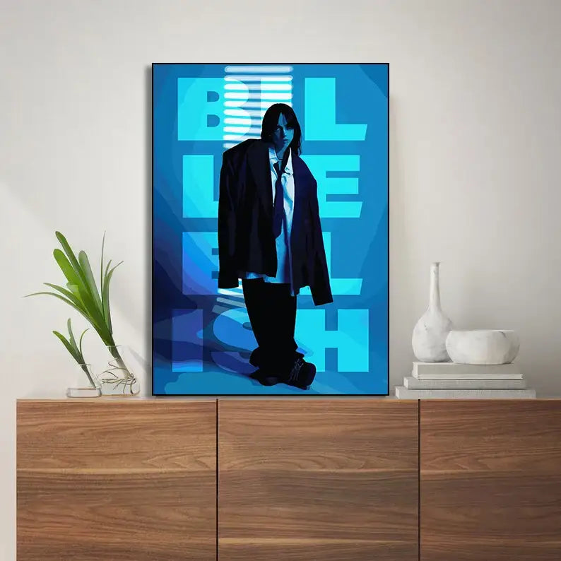 Decorbites™ modern singer b-billies blue-toned print canvas wall art featuring a stylized figure with bold text