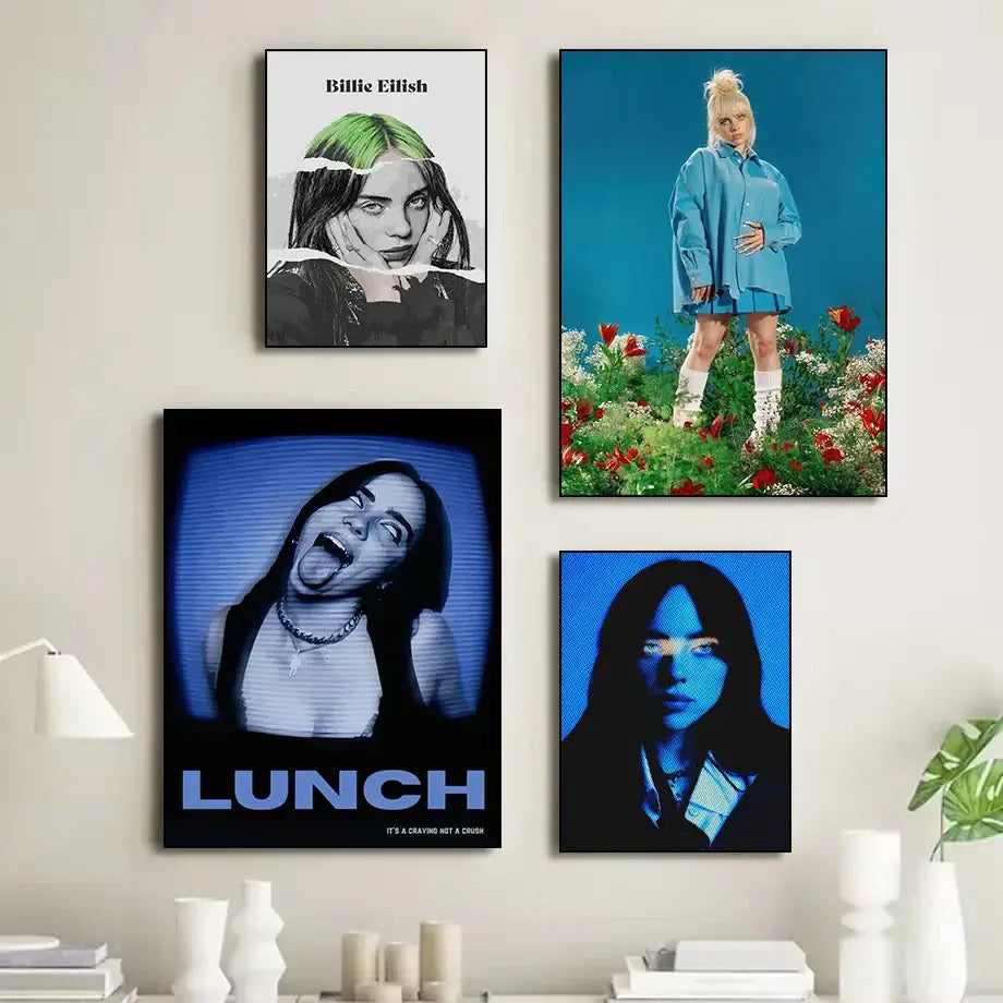 Four framed billie eilish print canvas wall art featuring green-haired portrait and lunch text from decorbites™ singer b-billies collection