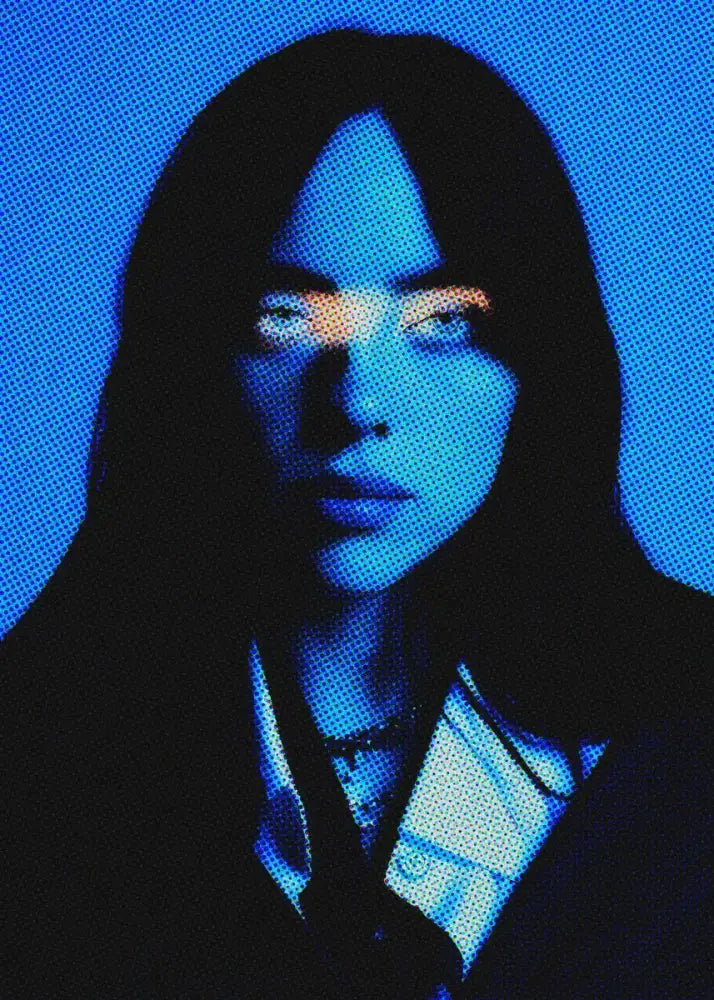 Stylized print canvas wall art featuring a singer b-billies portrait with blue and orange lighting pixelated background