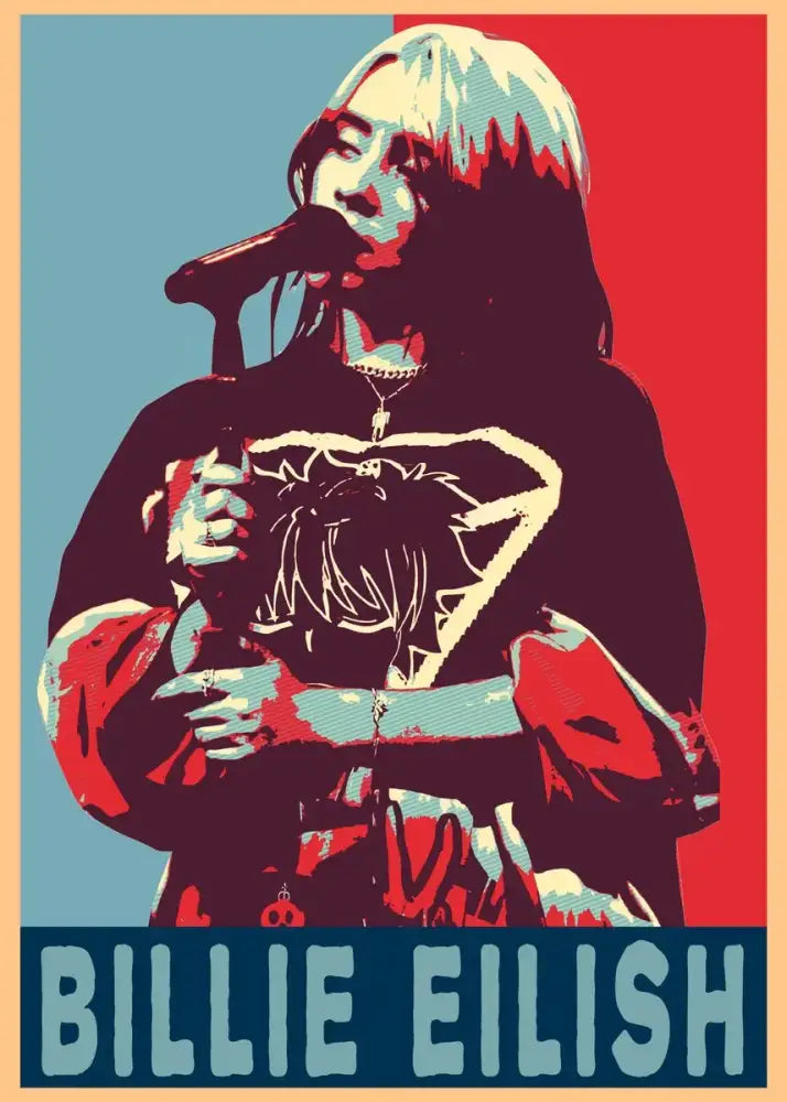 Stylized pop art print canvas wall featuring singer b-billies in black hoodie with microphone on red and blue background