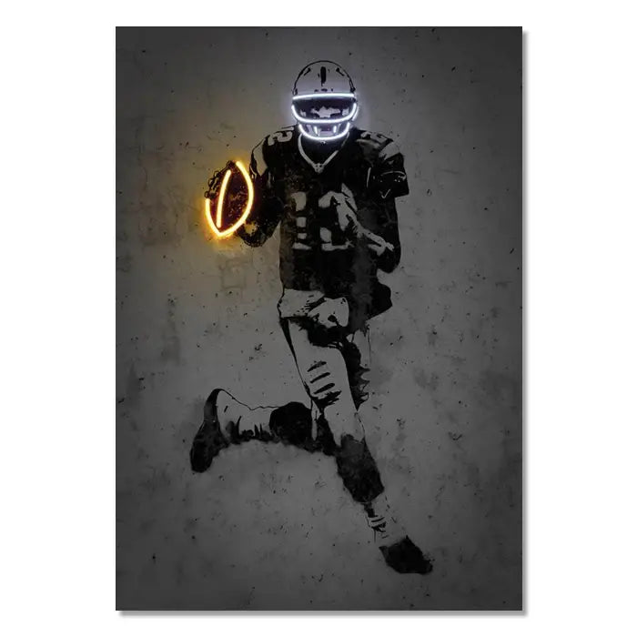 DecorBites™ modern sports stars wall art poster featuring neon-lit american football player stencil in black and white