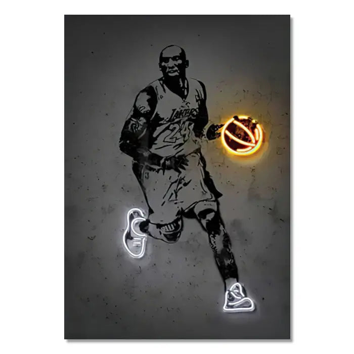 DecorBites™ modern sports stars wall art poster featuring neon-lit basketball and white shoe outlines on dark background