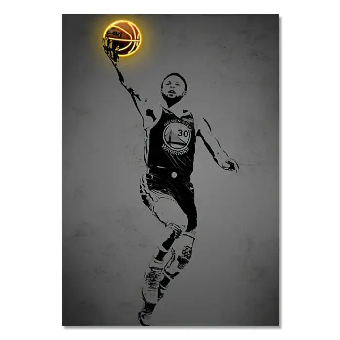 Stylized black and white wall art poster of basketball player in mid air holding glowing orange ball for golden state warriors
