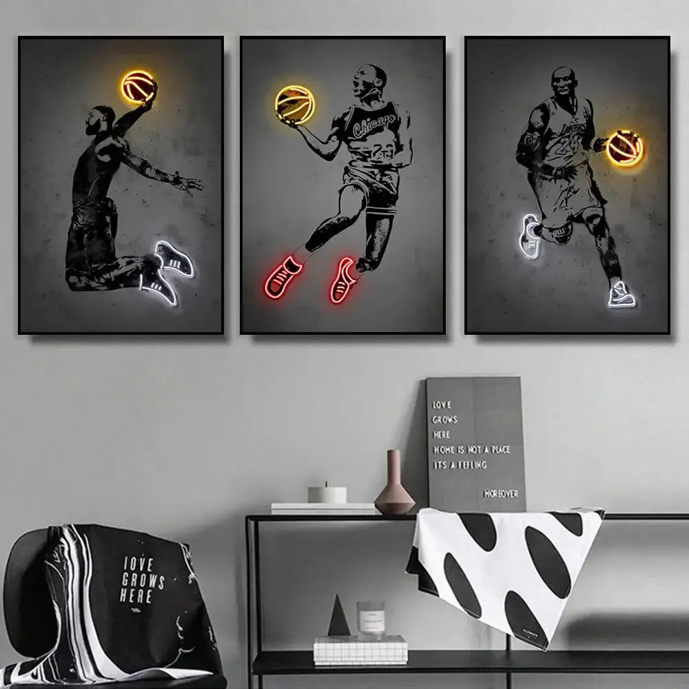 Decorbites™ modern sports stars wall art poster featuring three framed neon basketball players with glowing orange balls and shoes