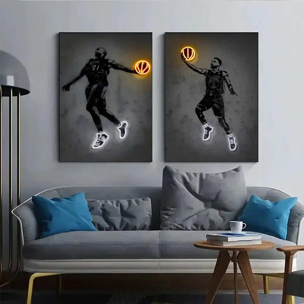 Two black and white neon-lit basketball player canvases with glowing orange hoops wall art poster by decorbites