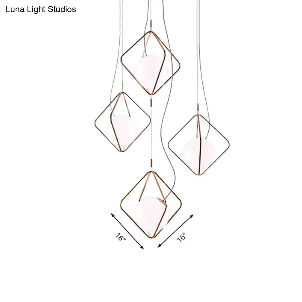 DecorBites™ modern square suspension light with rose gold metal frame and frosted glass orb shades in white for living room