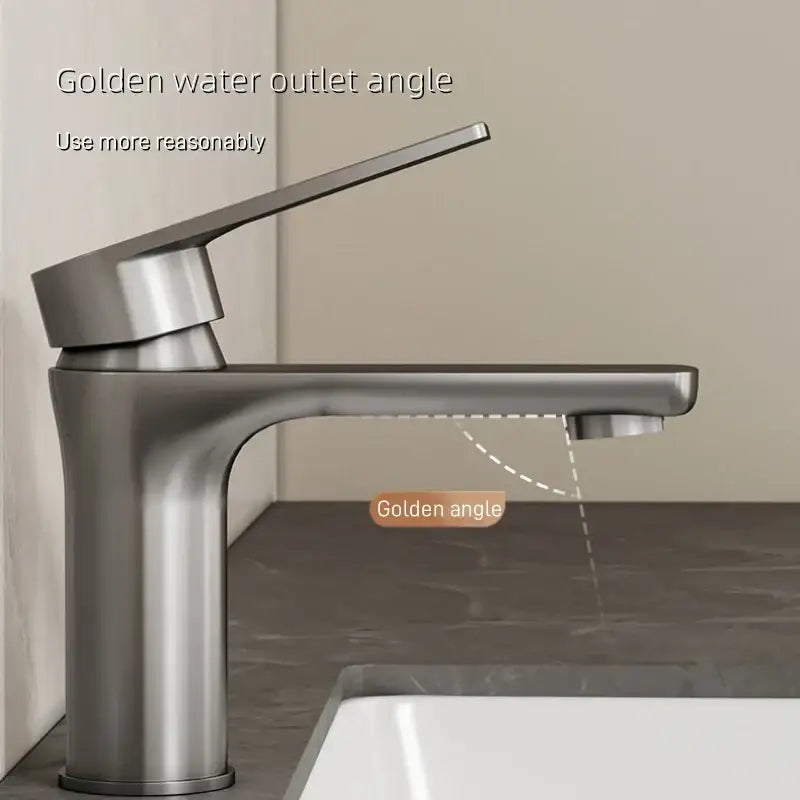 DecorBites™ modern stainless steel bathroom sink faucet with brushed finish and sleek single lever handle design