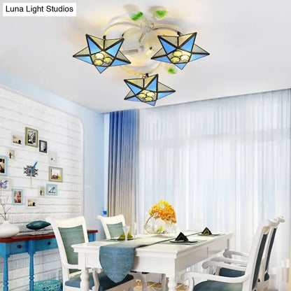 Stylish tiffany stained glass flush mount ceiling light with three blue star-shaped shades fits 110v-120v and 220v-240v bulbs