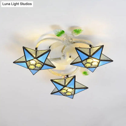 Decorbites modern tiffany stained glass flush mount ceiling light with blue silver star-shaped heads for led incandescent fluorescent bulbs 110v-120v 220v-240v